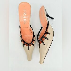 Prada Vintage Mystic White Black Leather trim pattern Elongated mule heels EU 38
